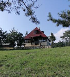 una casa con techo rojo en un campo verde en Zeleni Breg en Zlatibor