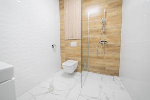 a bathroom with a toilet and a glass shower at VacationClub – Zdrojowa 7 Apartament 11 in Duszniki Zdrój +12 photos