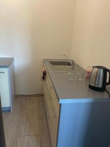 a kitchen with a sink and a counter top at Lawendowy apartament in Mszana Dolna +1 photo
