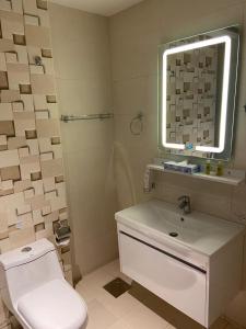 a bathroom with a toilet and a sink and a mirror at Dolphin Continental Hotel in Kuwait