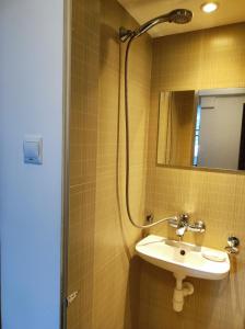 a bathroom with a sink and a mirror at Apartament Gosi in Gdynia