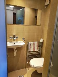 La petite salle de bains est pourvue de toilettes et d'un lavabo. dans l'établissement Apartament Gosi, à Gdynia