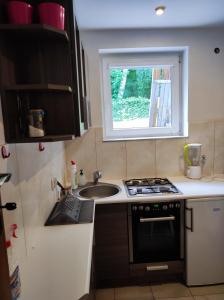 a kitchen with a sink and a stove and a window at Apartament Gosi in Gdynia
