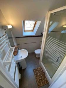 a bathroom with a shower and a toilet and a sink at Sous les tropiques d’Ablis in Ablis