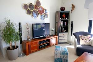 a living room with a tv on a wooden entertainment center at Coteaux De Braules in Gindou
