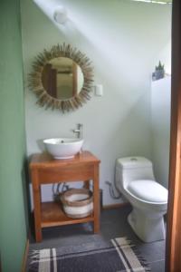 a bathroom with a sink and a toilet and a mirror at Alegria River Hideaway and Retreats in Cuajiniquil