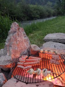 un grupo de pájaros parados en una parrilla en The RiverSide Chill Hostel, en Zgornje Gorje