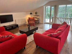 Sala de estar con 2 sofás rojos y TV en Pine Lodge - Two Bedrooms, High Bickington close to Umberleigh , Barnstaple , Bideford, en High Bickington