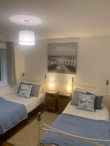 1 dormitorio con 2 camas y un cuadro en la pared en Pine Lodge - Two Bedrooms, High Bickington close to Umberleigh , Barnstaple , Bideford en High Bickington
