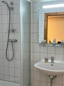 y baño con lavabo y ducha. en Pension K.Krause en Salzgitter