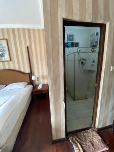 1 dormitorio con 1 cama y una puerta de cristal que conduce a una ducha en Shine River, en Ciwidey