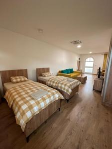 een slaapkamer met 2 bedden en een woonkamer bij Apartmani BMD in Arilje