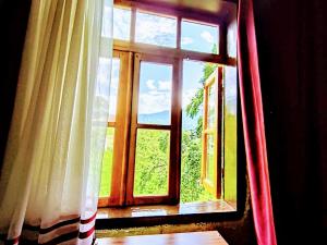 une fenêtre avec vue sur un champ verdoyant dans l'établissement LAILA Guest House, à Mestia
