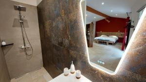 een badkamer met een douche en een spiegel bij Maison Catalina in Gignac