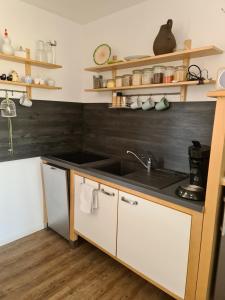 a kitchen with a sink and a stove at Ferienhäuschen auf Fehmarn in Fehmarn