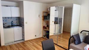 cocina y sala de estar con nevera de cristal en Apartment Kliniken, en Tübingen