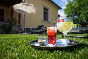 a tray with two glasses of drinks on the grass at Várkert Deluxe Apartmanház in Miskolc