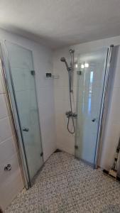 a bathroom with a shower and a glass shower stall at Crissimo apartment in Panagia
