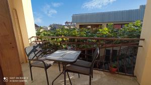 uma mesa e cadeiras numa varanda com uma planta em Samira em Gagra