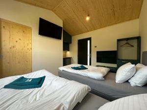 2 camas en una habitación con TV en la pared en Pension Skylark, en Pardubice