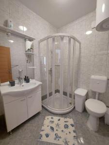 y baño con ducha, aseo y lavamanos. en Apartmani Cindrić en Stara Baška
