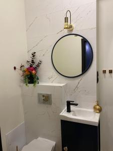 W łazience znajduje się lustro i umywalka. w obiekcie Przytulny i nowoczesny apartament Małgosi, 10 min pieszo od dworca i Galerii w mieście Katowice