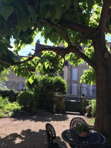 una mesa y sillas bajo un árbol en un patio en Gîte de charme Autun'Home en Autun