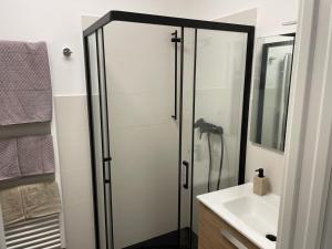 a bathroom with a glass shower and a sink at CASA VACANZE GINEVRA 1 in Trieste