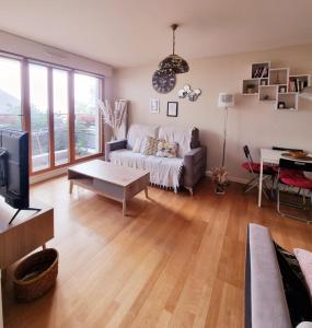 ein Wohnzimmer mit einem Sofa und einem TV in der Unterkunft Appart Tour Eiffel pour 4 personnes in Paris