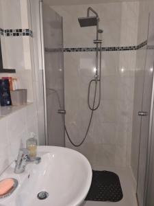 een badkamer met een witte wastafel en een douche bij Gesamte Unterkunft in Niestetal