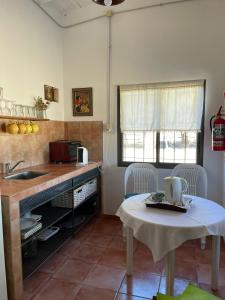 a kitchen with a sink and a table with chairs at Las Potrancas cabaña in General Alvear