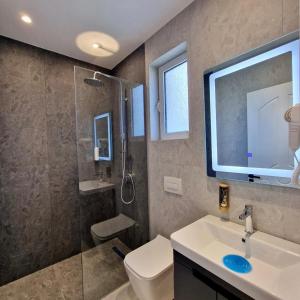 bagno con lavandino, doccia e servizi igienici di Apartaments Vila Mimani 2 a Berat