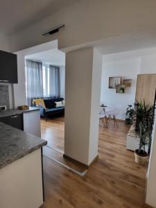 an open living room with a kitchen and a living room at SiSi Art in Varna City +18 photos