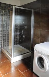 a shower in a bathroom next to a washing machine at Apartment Lara in Vodice