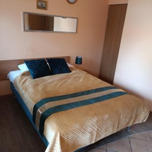 sypialnia z dużym łóżkiem z niebieskimi poduszkami w obiekcie "Vanilla" Pokoje i Apartamenty Nad Brzegiem Jeziora w Okunince