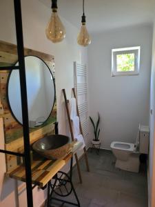 a bathroom with a mirror and a sink and a toilet at Casa LADIS in Iernut