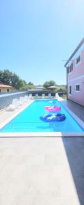 a swimming pool with two frisbees on it at Apartmani Radmila in Nova Vas