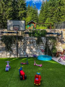 un patio trasero con juguetes en la hierba y un aro de baloncesto en Vila Bašić Vlašić Apartman VUK, en Vlašić
