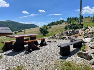 a picnic table and benches on a gravel ground at Chata Dolina v Bachledke in Ždiar