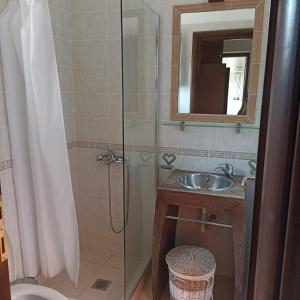 een badkamer met een douche en een wastafel bij Fenny in Kala Nera