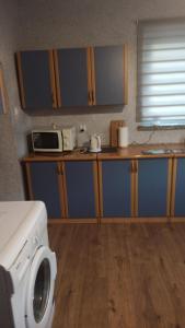 a kitchen with a washing machine and blue cabinets at Queens house in Oświęcim