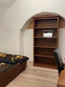 a bedroom with a bed and a book shelf at Apartment Bessi in Olomouc
