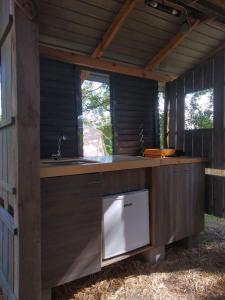 a kitchen with a sink and a counter in a house at MAZANKA ecocamping in Soshnikov