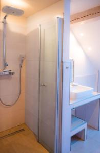 a bathroom with a shower and a sink at Marin in Westermarkelsdorf