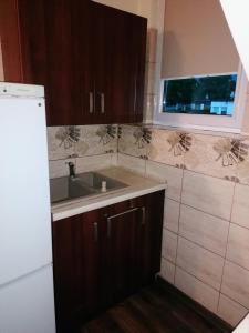 uma cozinha com armários de madeira, um lavatório e uma janela em Apartament Charzykowy em Charzykowy