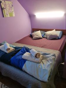 2 łóżka w pokoju z ręcznikami w obiekcie Apartament Charzykowy w Charzykowach