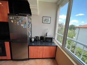a kitchen with a stainless steel refrigerator and a window at Lugano Couples Quiet Apt w Free Street Parking in Sofia
