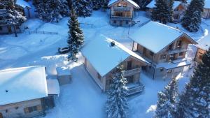 una vista aérea de una casa cubierta de nieve en Chalet Montana Royal XL Koralpe, en Hartelsberg