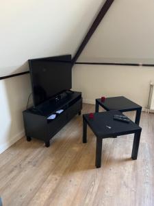 a living room with two tables and a tv at MyCityLofts in Rotterdam