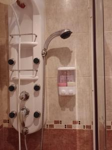uma casa de banho com uma cabeça de chuveiro em Hospedaje Los Laureles em Wanda
